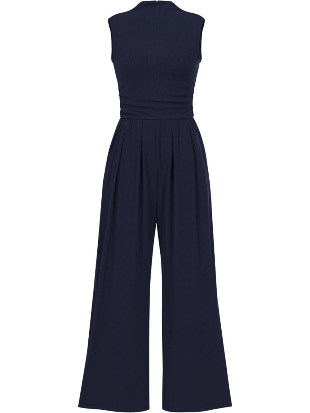 Women's Navy Jumpsuits Sleeveless Mock Neck Wide Leg Rompers Ribbed Cozy
